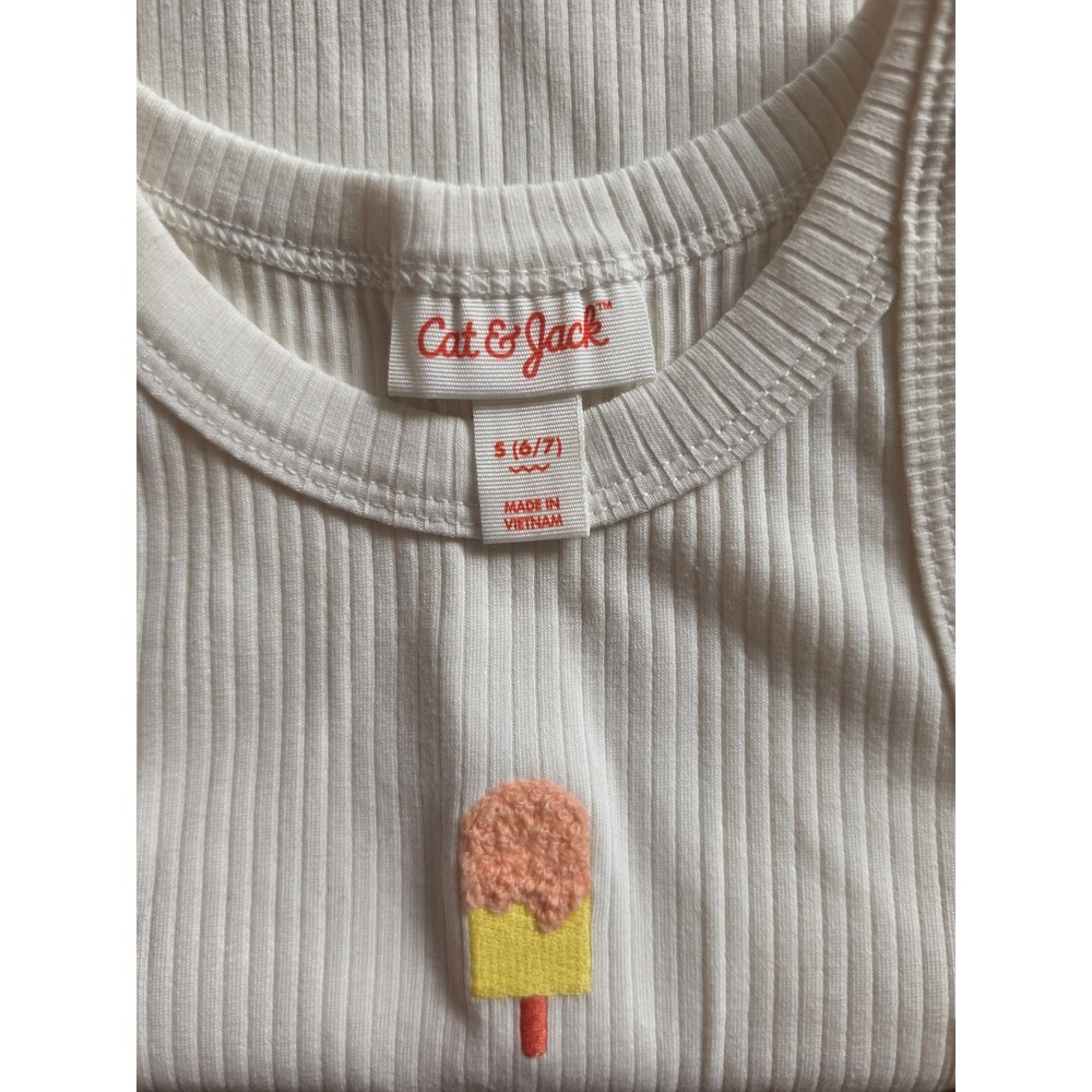 Cat & Jack Girls Tank Top Small 6-7 White New Ribbed Popsicle Lettuce Edge Hem - Picture 5 of 6